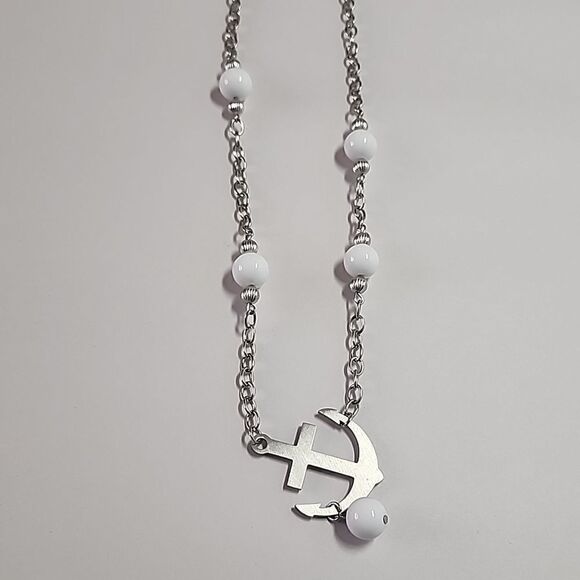 Anchor Necklace with White Round Beads Silver Tone Chain and Pendant - Picture 4 of 4